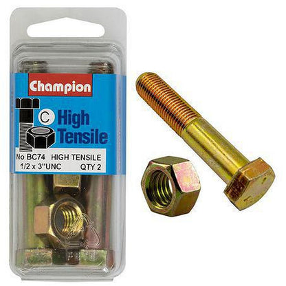 Champion Hex Bolt & Nut High Tensile 1/2in x 3in UNC Grade 5 BC74