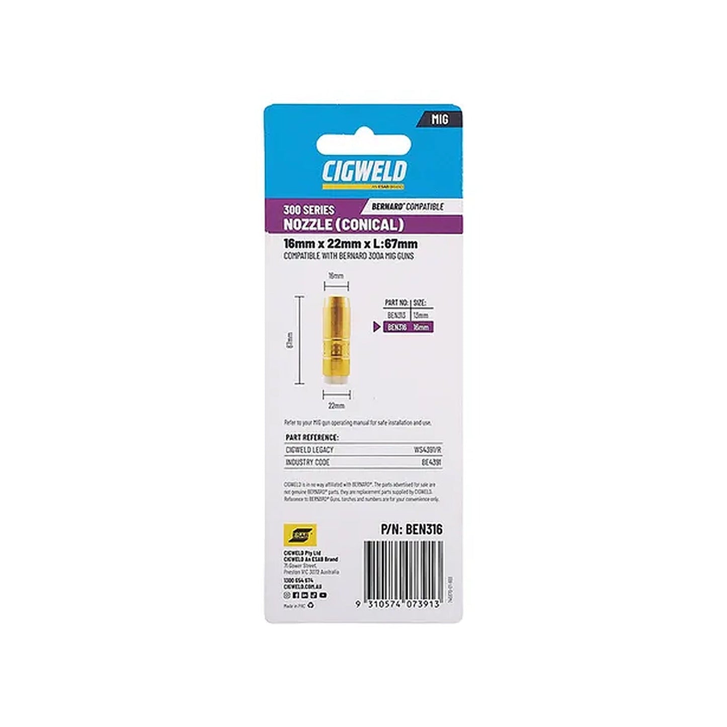 Cigweld BE 3 Nozzle 16mm — 2 Pack BEN316
