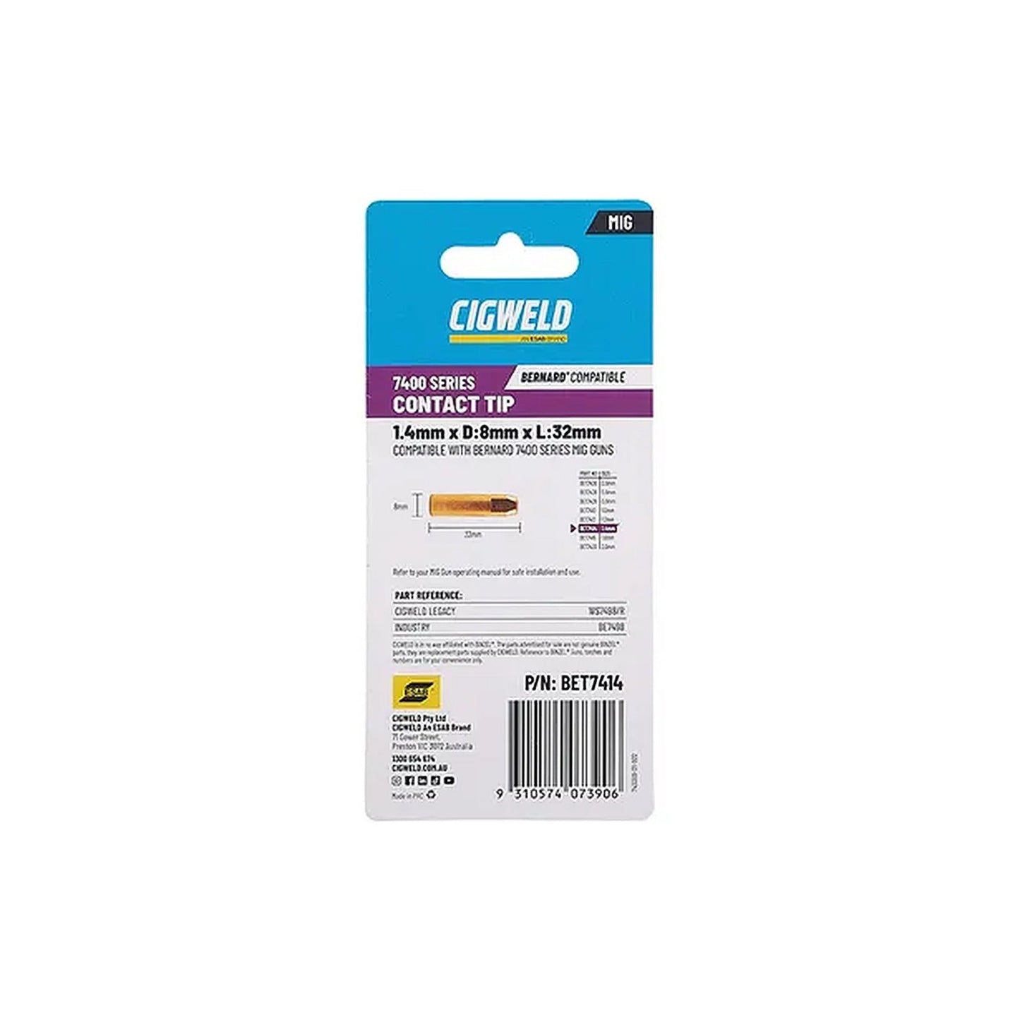 Cigweld BE 74 Short Tip 1.4mm — 10 Pack BET7414