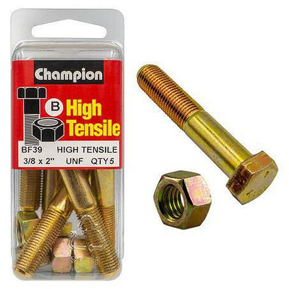 Champion Hex Bolt & Nut High Tensile 3/8in x 2in UNF Grade 5 BF39