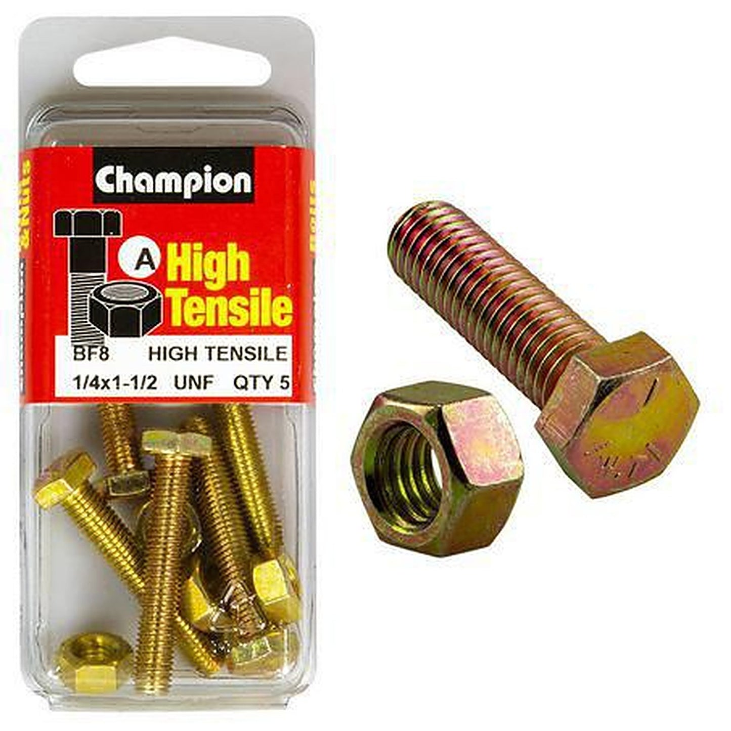 Champion Hex Set Screw & Nut High Tensile 1/4in x 1 1/2in UNF Grade 5 BF8