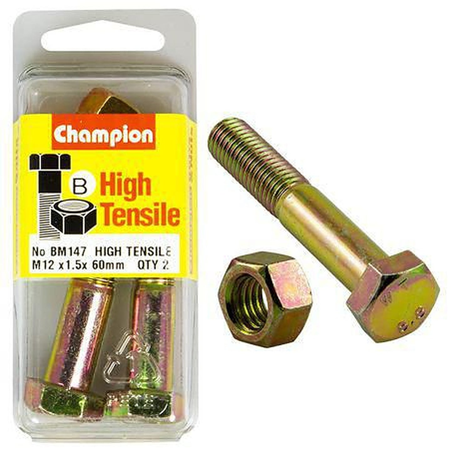 Champion Hex Set Screw & Nut High Tensile M12 x 60 x 1.5mm Grade 8.8 BM147