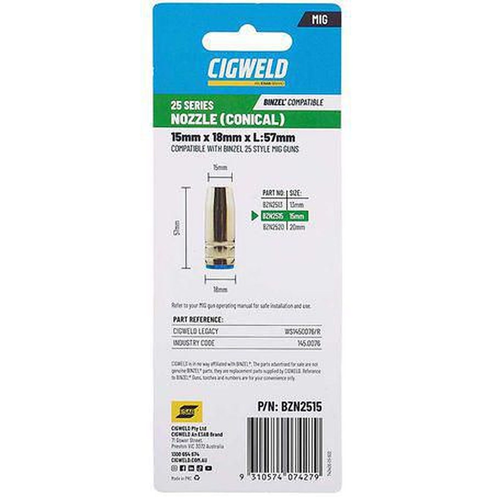 Cigweld MIG BZL 25 Conical Nozzle 15mm BZN2515