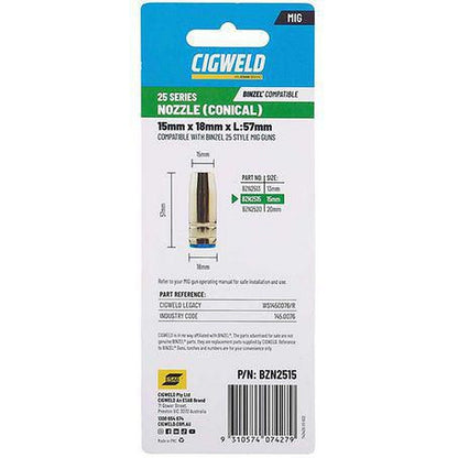 Cigweld MIG BZL 25 Conical Nozzle 15mm BZN2515