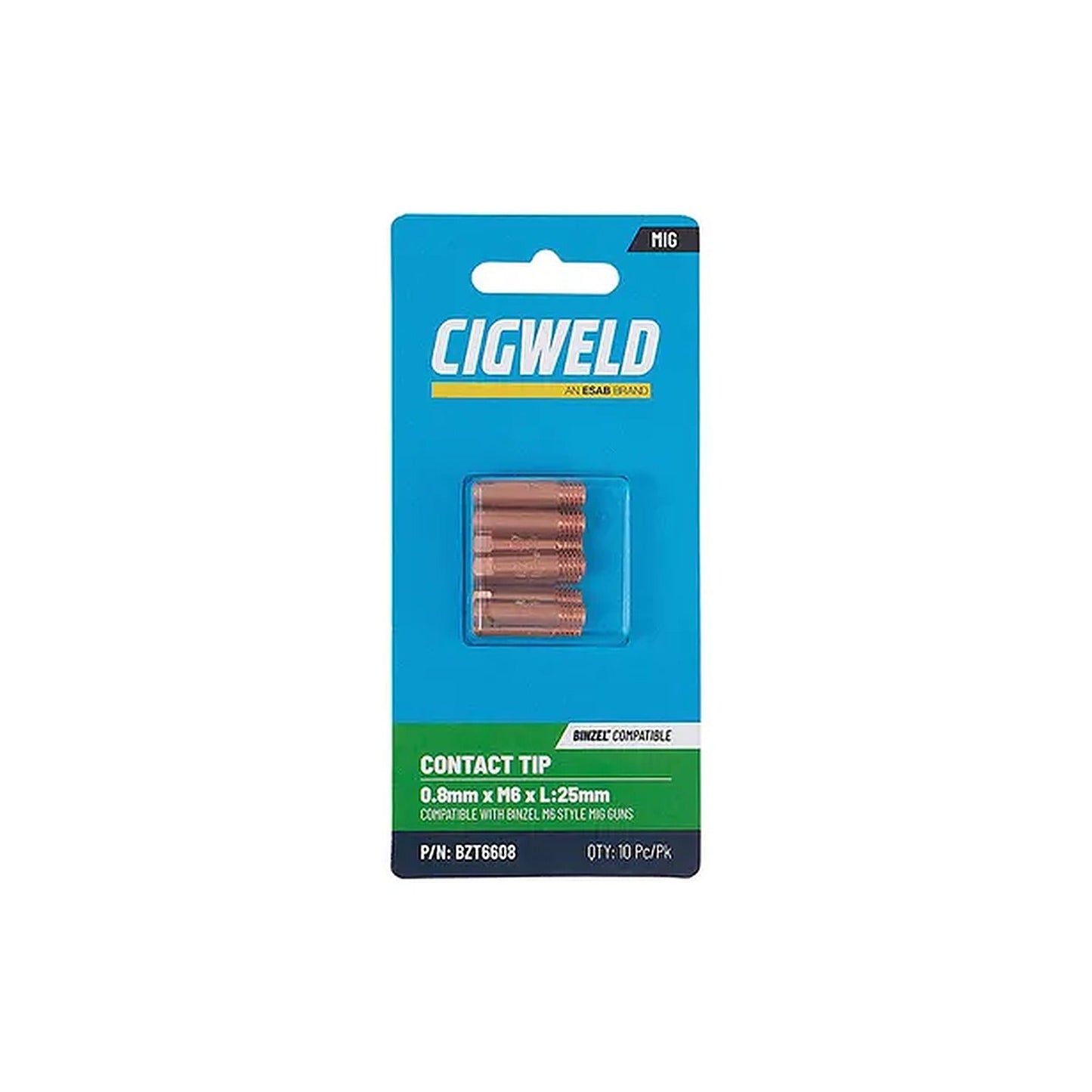 Cigweld BZL Contact Tip 0.8mm M6 x 25mm Binzel Compatible — 10 Pack BZT6608