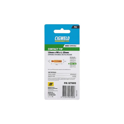 Cigweld BZL Contact Tip 1.0mm M6 x 25mm Suits BZL15 — 10 Pack BZT6610