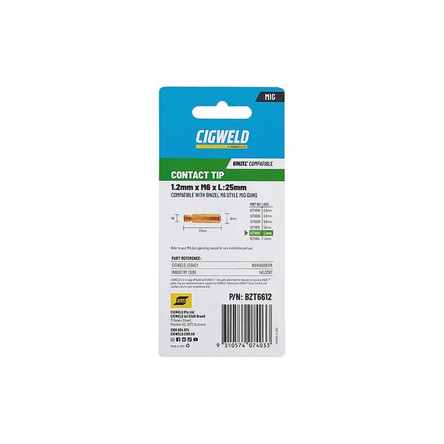 Cigweld BZL Contact Tip 1.2mm M6 x 25mm Suits BZL15 — 10 Pack BZT6612