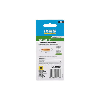 Cigweld BZL Contact Tip 1.4mm M6 x 25mm Suits BZL15 — 10 Pack BZT6614