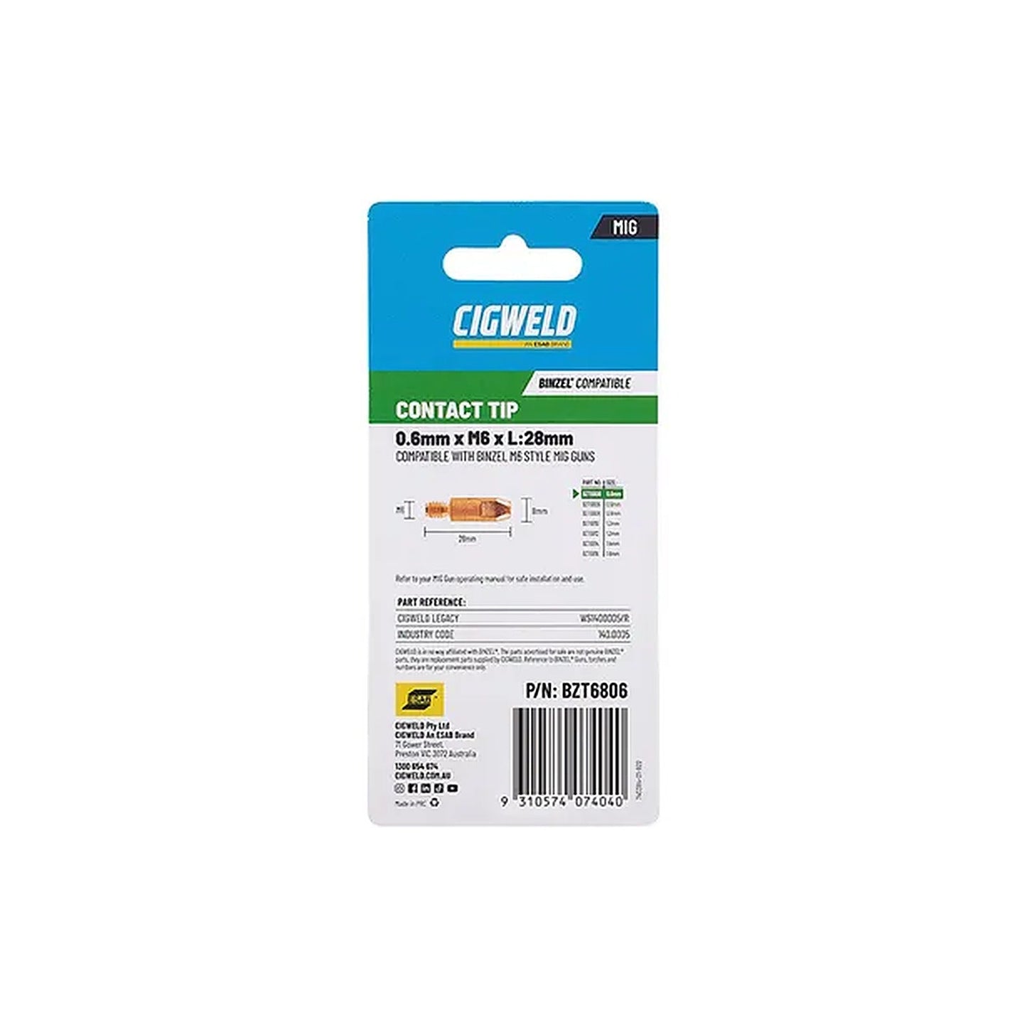 Cigweld BZL Contact Tip 0.6mm M6 x 28mm Suits BZL24/25/36 — 10 Pack BZT6806