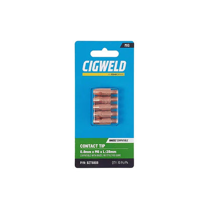 Cigweld BZL Contact Tip 0.8mm M6 x 28mm Suits BZL24/25/36 — 10 Pack BZT6808