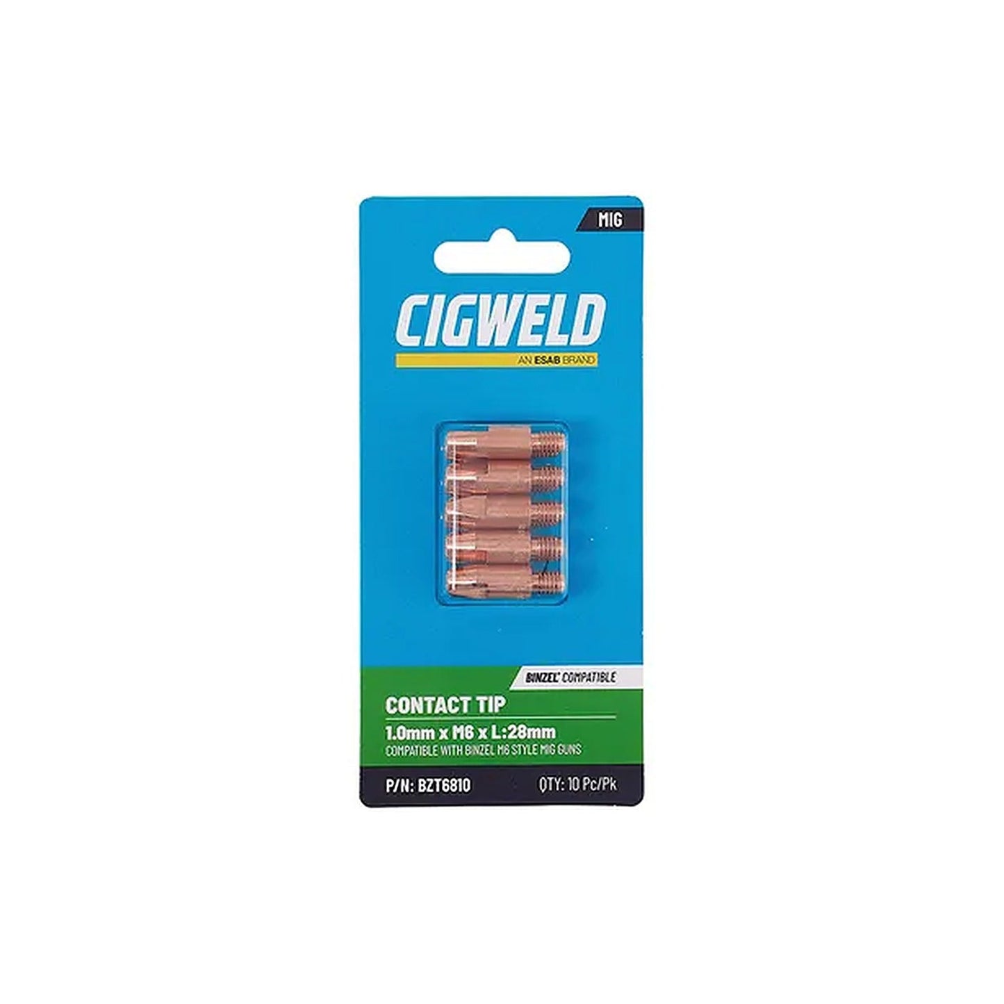 Cigweld BZL Contact Tip 1.0mm M6 x 28mm Binzel Compatible — 10 Pack BZT6810