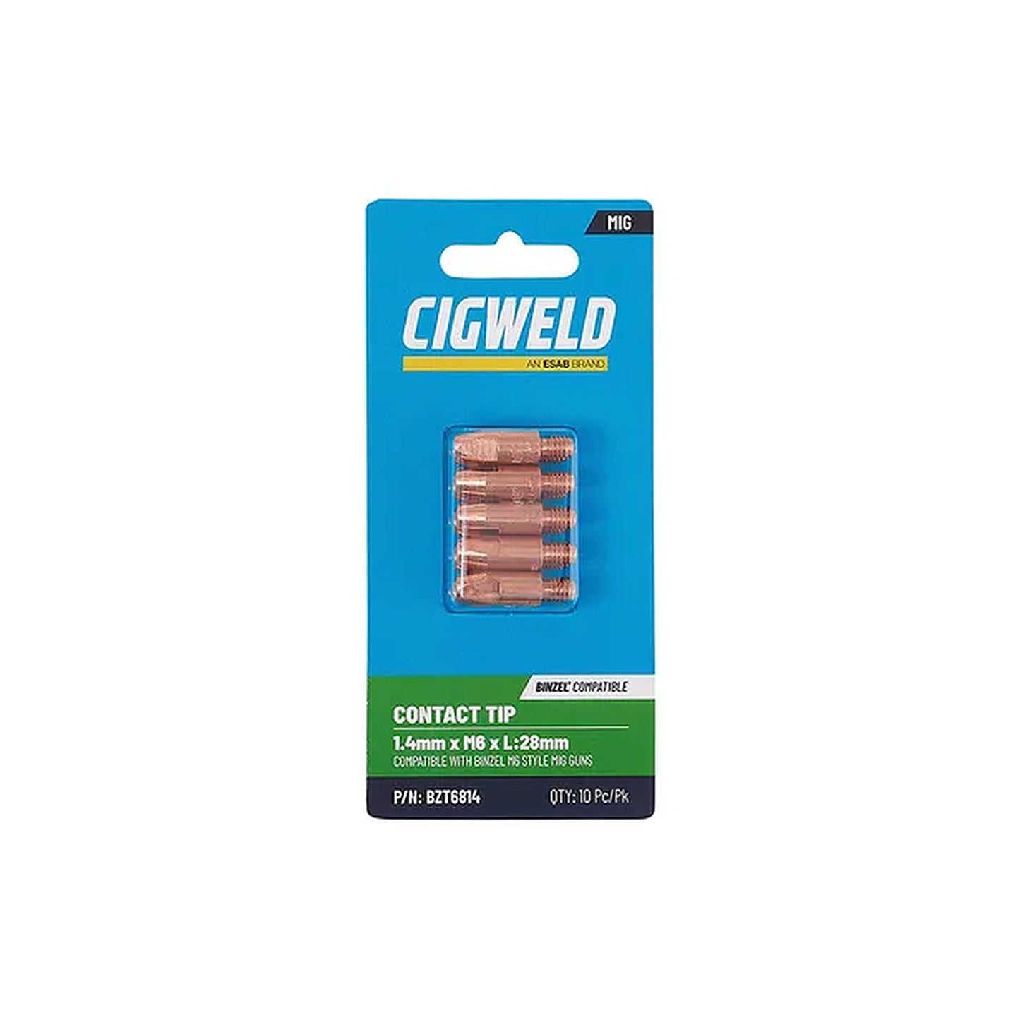 Cigweld BZL Contact Tip 1.4mm M6 x 28mm Binzel Compatible — 10 Pack BZT6814