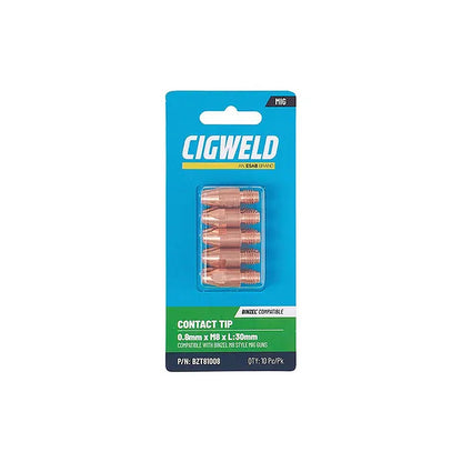 Cigweld BZL Contact Tip 0.8mm M8 x 30mm Suits BZL25/36 — 10 Pack BZT81008