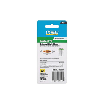 Cigweld BZL Contact Tip 0.8mm M8 x 30mm Suits BZL25/36 — 10 Pack BZT81008