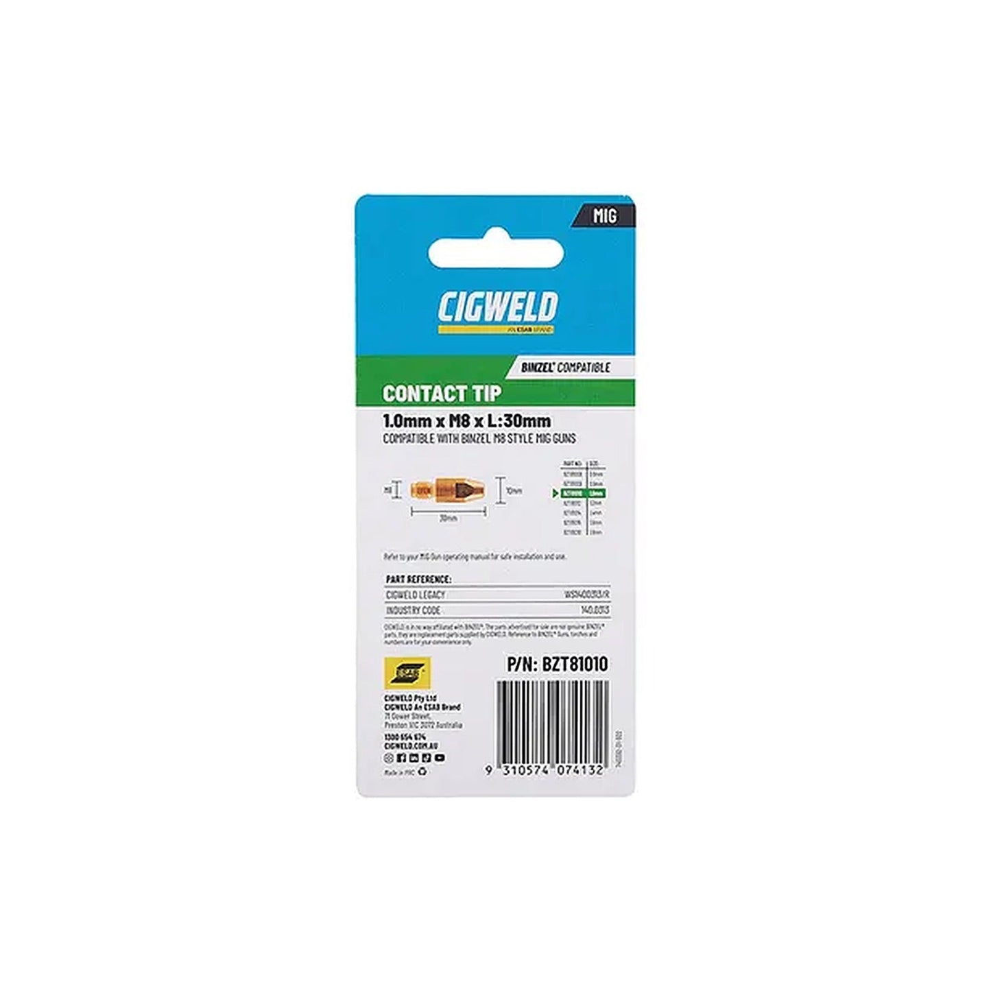 Cigweld BZL Contact Tip 1.0mm M8 x 30mm Suits BZL25/36 — 10 Pack BZT81010