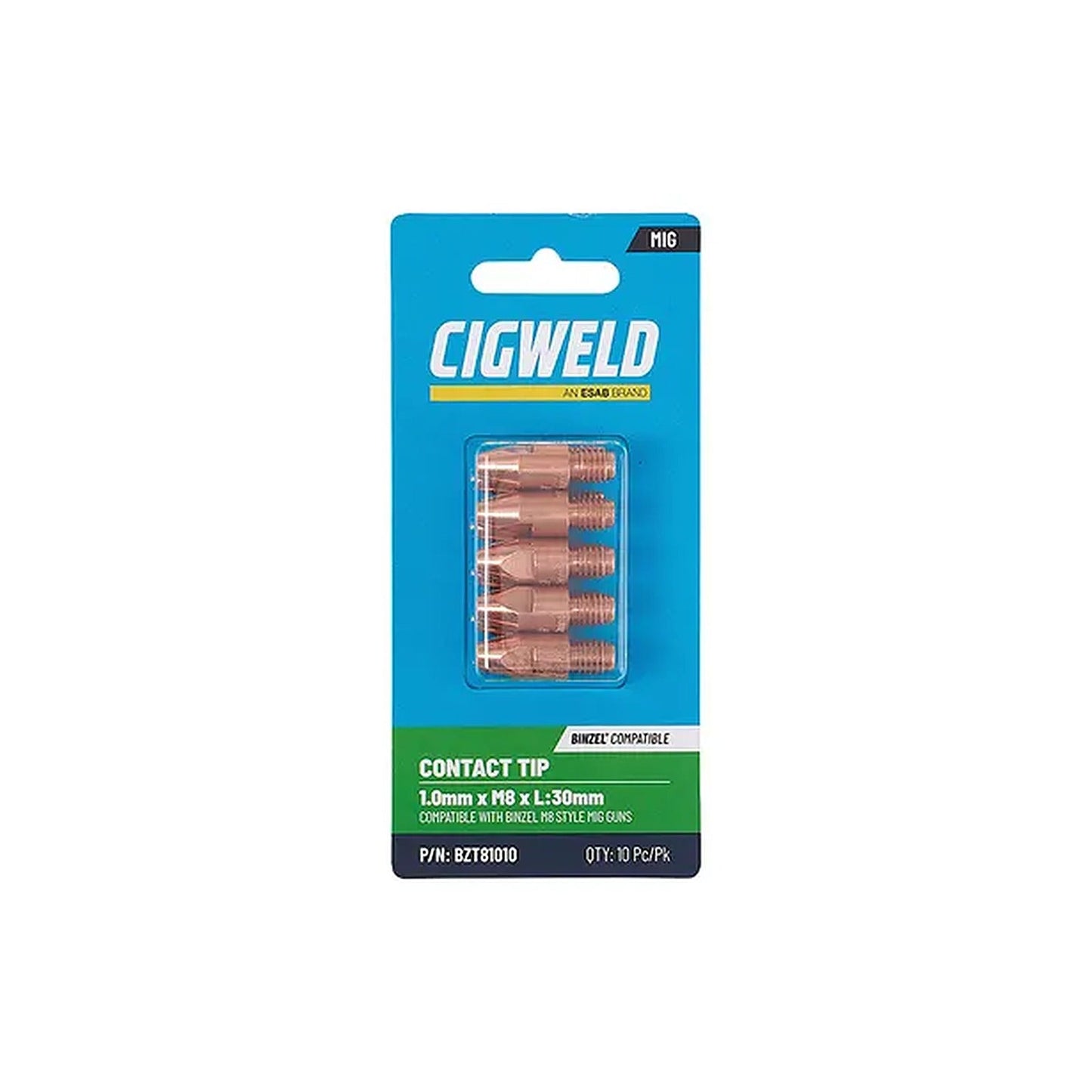 Cigweld BZL Contact Tip 1.0mm M8 x 30mm Suits BZL25/36 — 10 Pack BZT81010