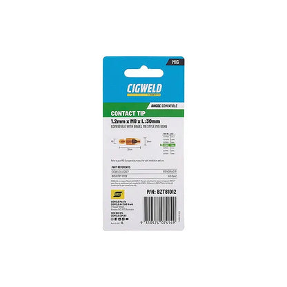 Cigweld BZL Contact Tip 1.2mm M8 x 30mm Suits BZL25/36 — 10 Pack BZT81012