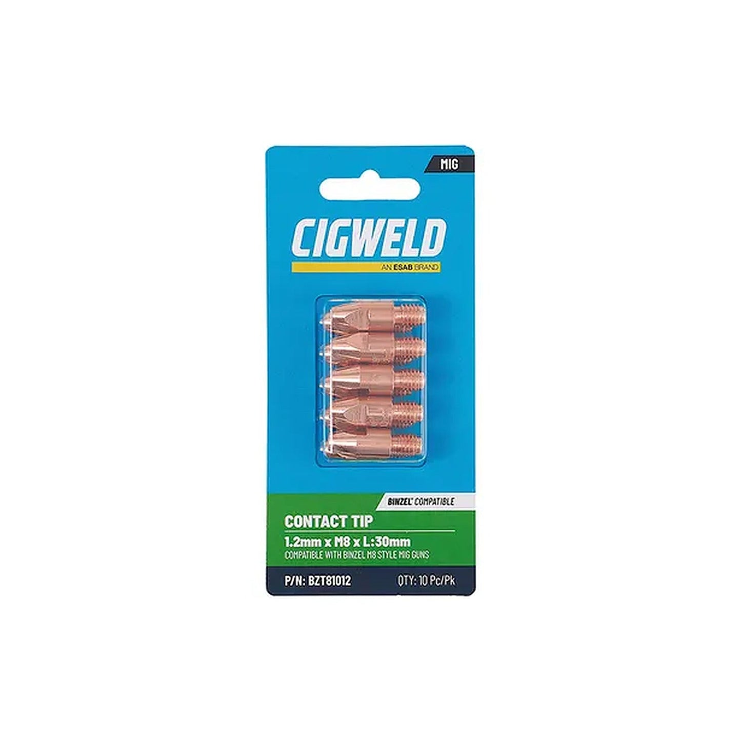 Cigweld BZL Contact Tip 1.2mm M8 x 30mm Suits BZL25/36 — 10 Pack BZT81012