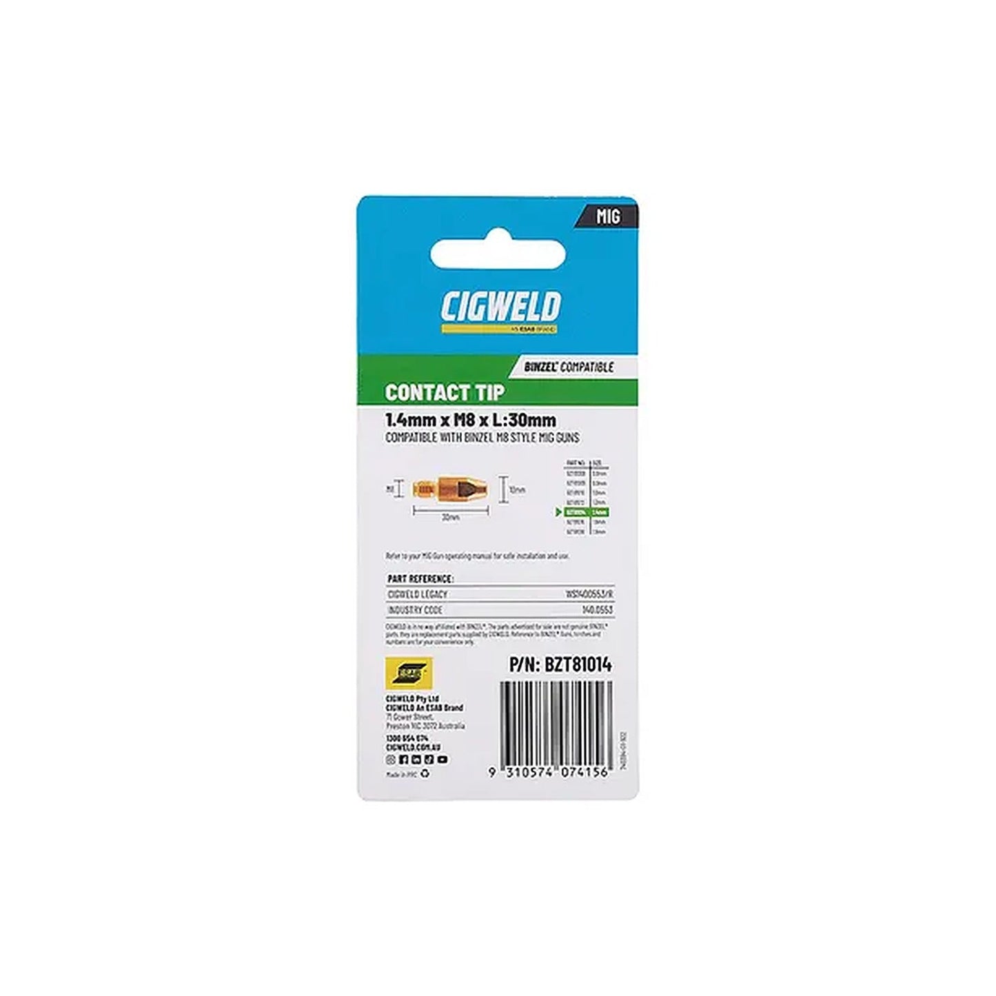 Cigweld BZL Contact Tip 1.4mm M8 x 30mm Suits BZL25/36 — 10 Pack BZT81014