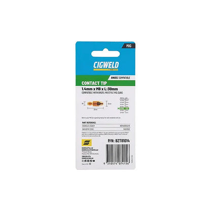 Cigweld BZL Contact Tip 1.4mm M8 x 30mm Suits BZL25/36 — 10 Pack BZT81014