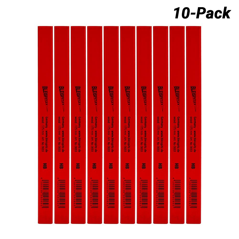 Bleispitz 1454 10-Pack HB 175mm Octagonal Red Carpenter Pencils - MADE IN EUROPE