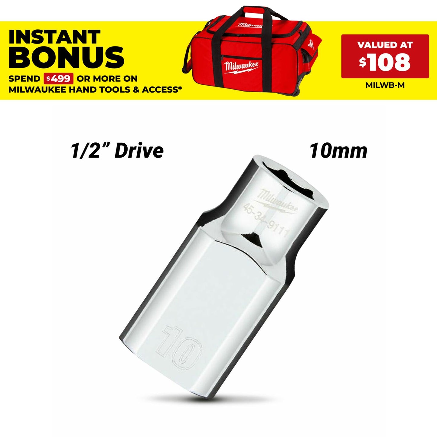Milwaukee 45349111 1/2" Drive 10mm Metric 6 Point Socket