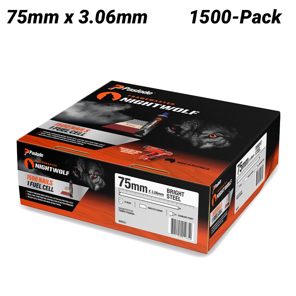 Paslode NW551 1500-Pack 75mm x 3.06mm Bright Steel Framemaster Nightwolf D-Head Nails