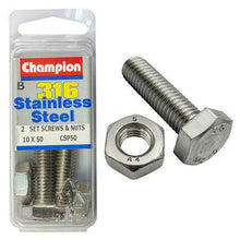 Champion 316/A4 Stainless Steel Hex Set Screws & Nuts – M10 x 50mm (1.50 Pitch) CSP50