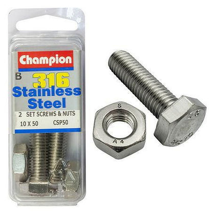 Champion 316/A4 Stainless Steel Hex Set Screws & Nuts – M10 x 50mm (1.50 Pitch) CSP50