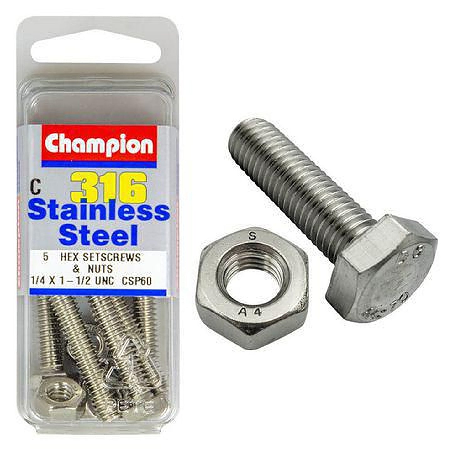 Champion Hex Set Screw & Nut Stainless Steel 1/4inx1 1/2in UNC 316/A4 CSP60