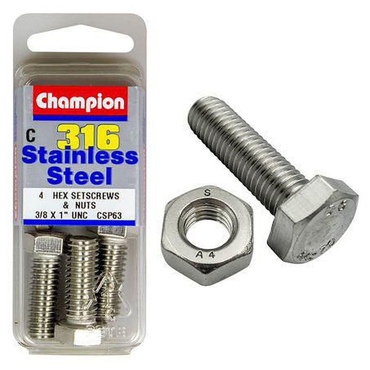 Champion Hex Set Screw & Nut Stainless Steel 3/8inx1in UNC 316/A4 CSP63