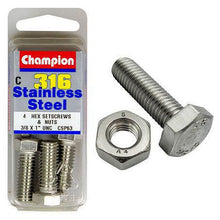 Champion Hex Set Screw & Nut Stainless Steel 3/8inx1in UNC 316/A4 CSP63