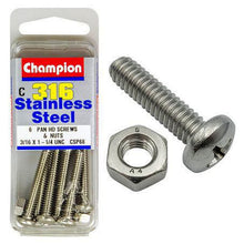 Champion Machine Screw & Nut Pan Phillips Stainless Steel 3/16inx1 1/4in 316/A4 CSP68