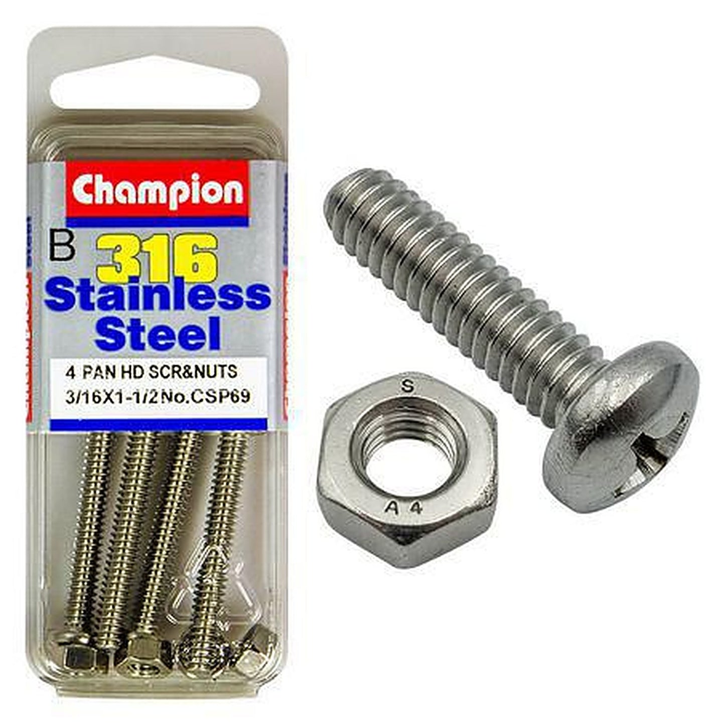 Champion Machine Screw & Nut Pan Phillips Stainless Steel 3/16inx1 1/2in 316/A4 CSP69