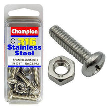 Champion Machine Screw & Nut Pan Phillips Stainless Steel 1/4inx1in 316/A4 CSP73