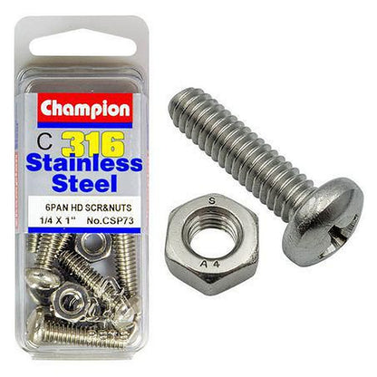 Champion Machine Screw & Nut Pan Phillips Stainless Steel 1/4inx1in 316/A4 CSP73