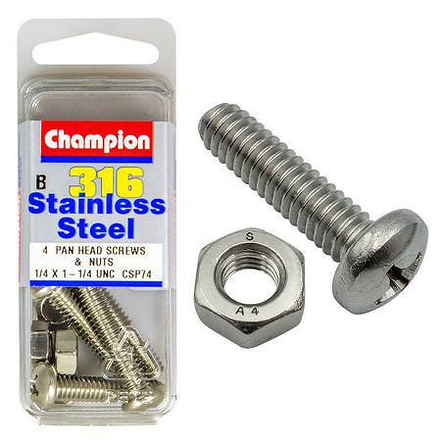 Champion Machine Screw & Nut Pan Phillips Stainless Steel 1/4inx1 1/4in 316/A4 CSP74