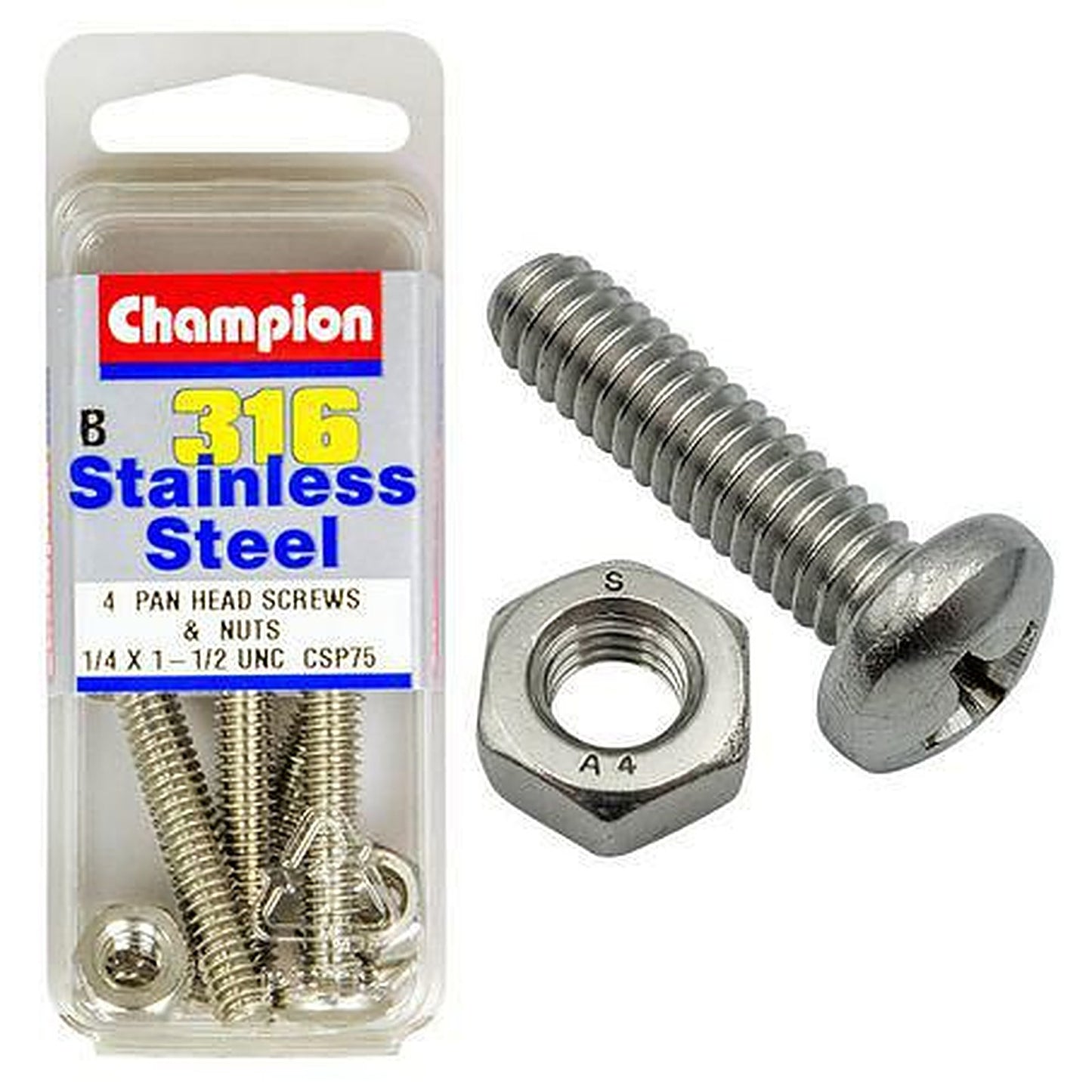 Champion Machine Screw & Nut Pan Phillips Stainless Steel 1/4inx1 1/2in 316/A4 CSP75