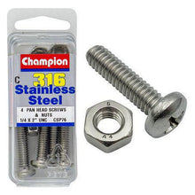 Champion Machine Screw & Nut Pan Phillips Stainless Steel 1/4inx2in 316/A4 CSP76