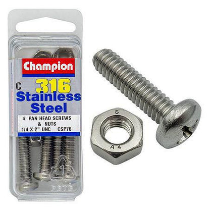 Champion Machine Screw & Nut Pan Phillips Stainless Steel 1/4inx2in 316/A4 CSP76