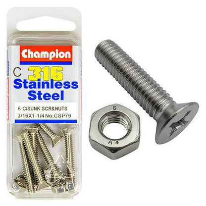Champion Machine Screw & Nut CSK Phillips Stainless Steel 3/16inx1 1/4in 316/A4 CSP79