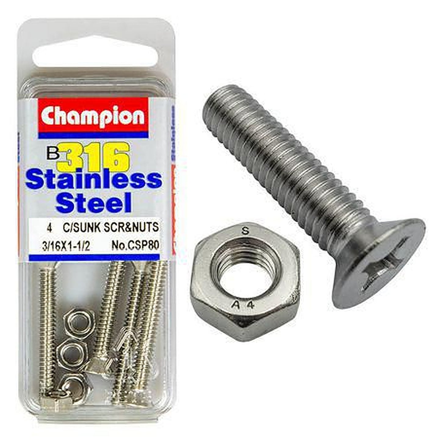 Champion Machine Screw & Nut CSK Phillips Stainless Steel 3/16inx1 1/2in 316/A4 CSP80