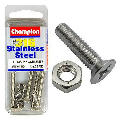 Champion Machine Screw & Nut CSK Phillips Stainless Steel 3/16inx1 1/2in 316/A4 CSP80