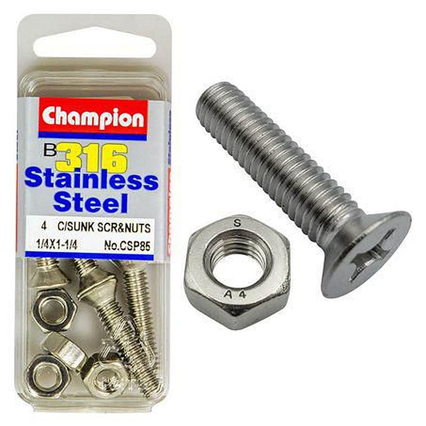 Champion Machine Screw & Nut CSK Phillips Stainless Steel 1/4inx1 1/4in 316/A4 CSP85