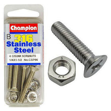 Champion Machine Screw & Nut CSK Phillips Stainless Steel 1/4inx1 1/2in 316/A4 CSP86