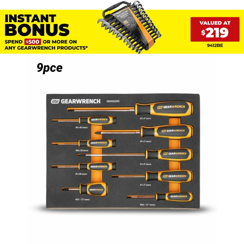 GEARWRENCH GWMSSCRPH 9pce Phillips Dual Material Screwdriver Set in Foam Storage Tray