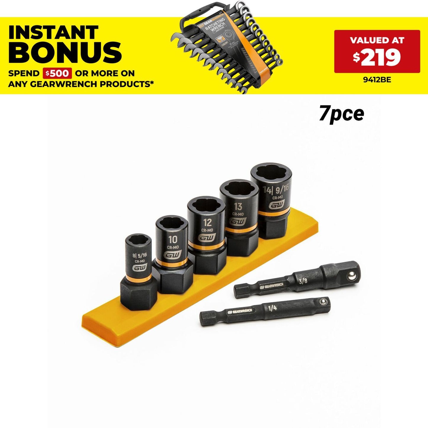 GEARWRENCH 87911 7pce 1/4" & 3/8" Drive Metric Bolt Biter Impact Extraction Socket Set with Adaptors