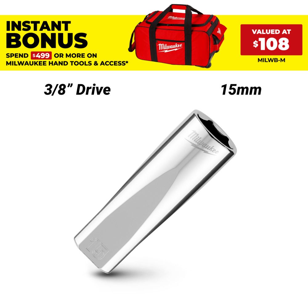 Milwaukee 45340015 3/8’’ Drive 15mm Metric 6-Point Deep Socket