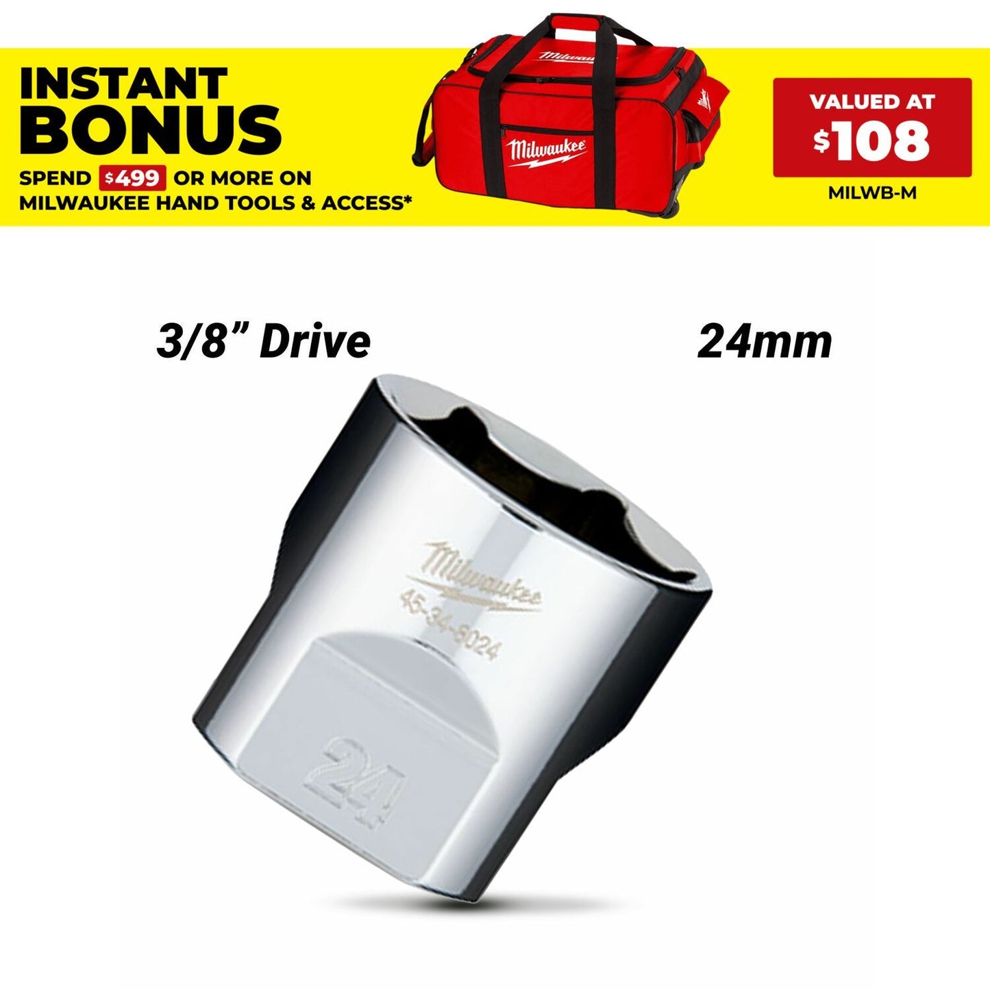 Milwaukee 45348024 3/8" Drive 24mm Metric Standard 6-Point Socket