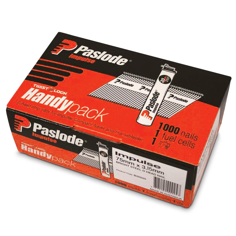Paslode B20550 Handy Pack 90mm x 3.15mm Bright Impulse D Head Nails with Fuel